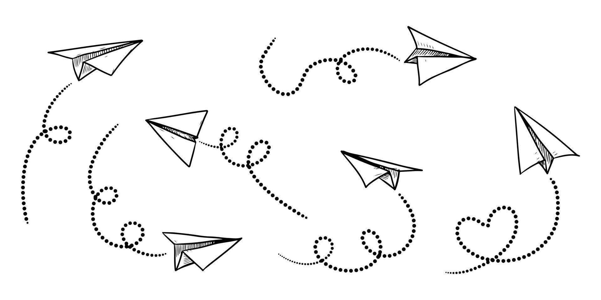ensemble d'icônes d'avion en papier doodle. avion en papier dessiné à la main. illustration vectorielle. vecteur