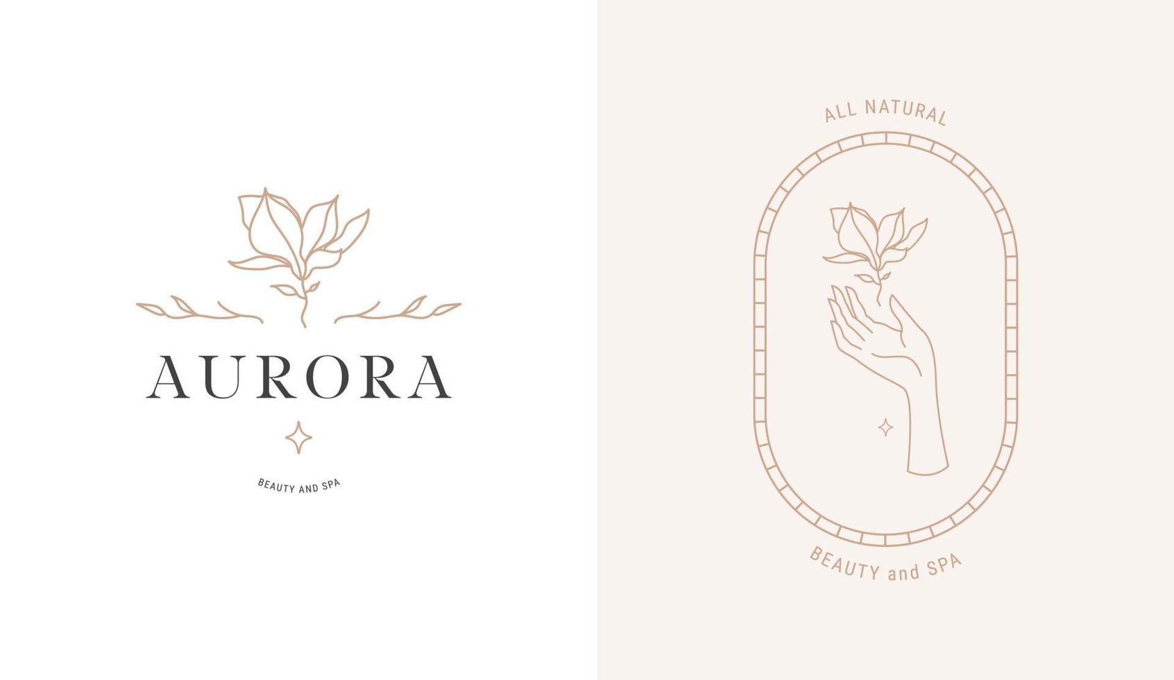 illustration du modèle de logo avec fleur de magnolia et main féminine vecteur