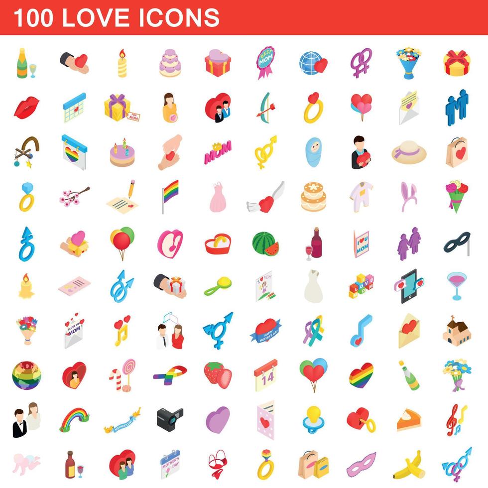 Ensemble de 100 icônes d'amour, style 3d isométrique vecteur