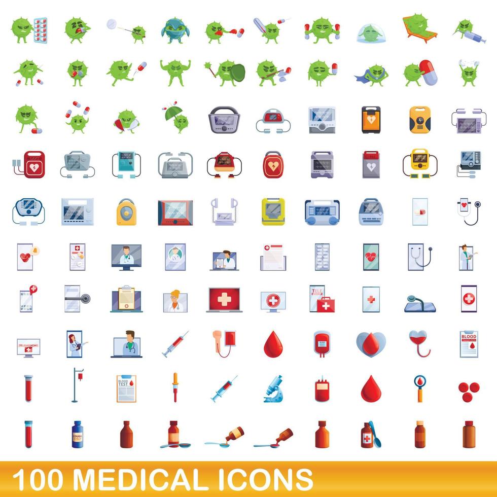 Ensemble de 100 icônes médicales, style cartoon vecteur