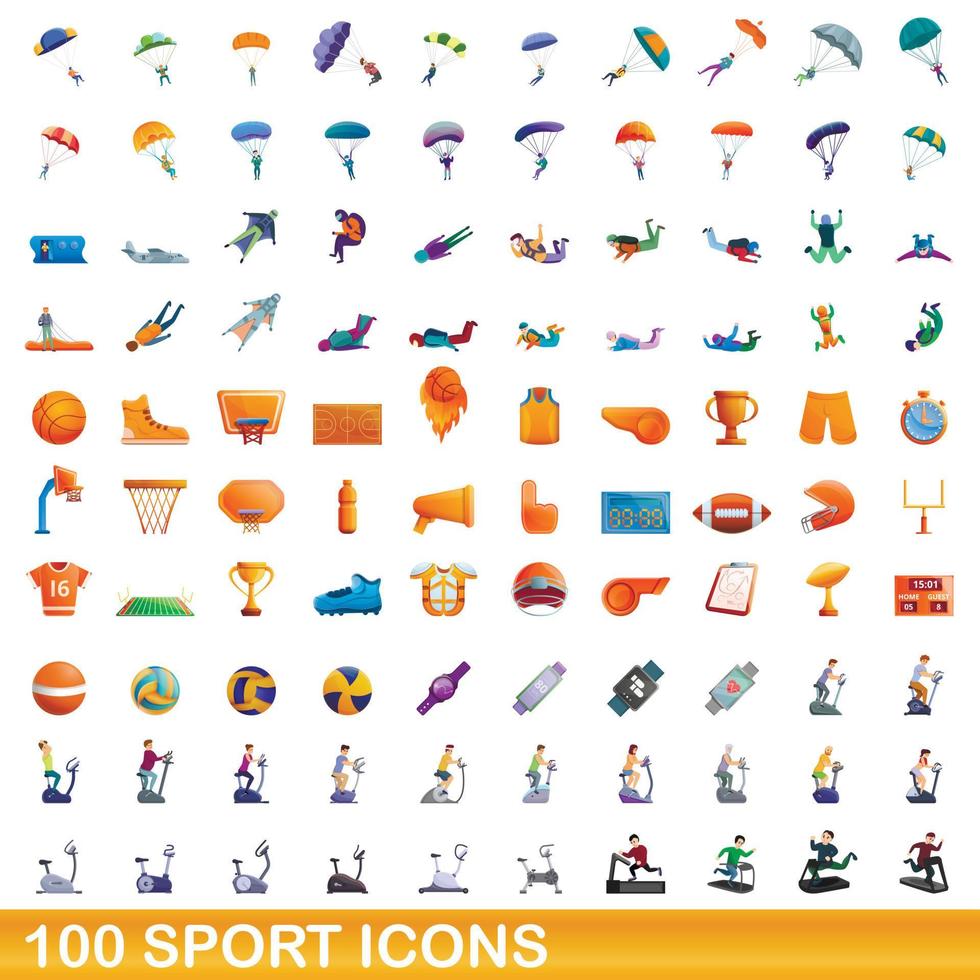 Ensemble de 100 icônes de sport, style cartoon vecteur