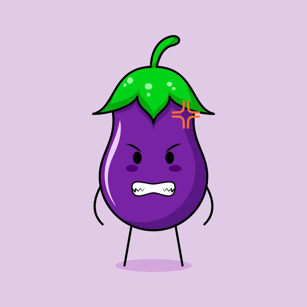 personnage d'aubergine mignon avec une expression de colère. adapté à l'émoticône, au logo, à la mascotte. souriant vecteur