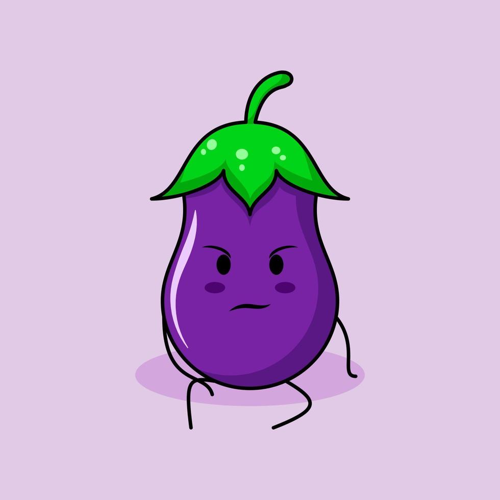 personnage d'aubergine mignon avec une expression d'intimidation et asseyez-vous. vert et violet. adapté pour émoticône, logo, mascotte vecteur