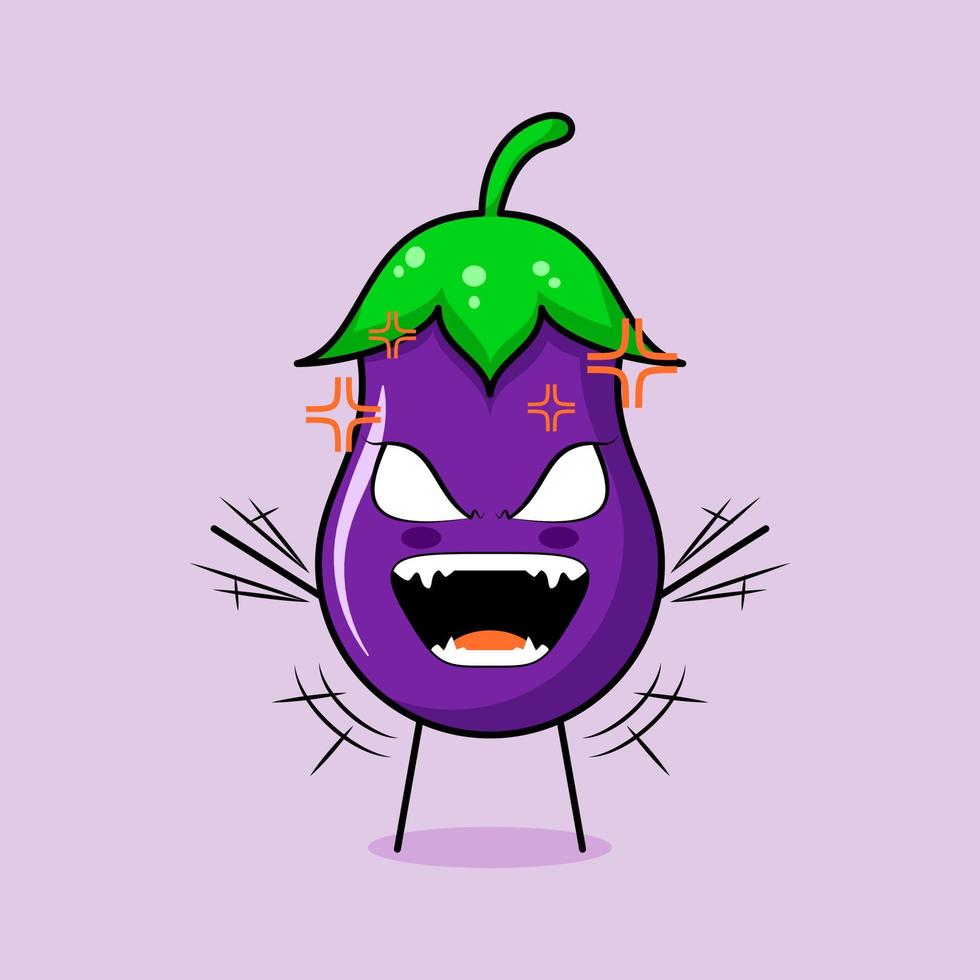 personnage d'aubergine mignon avec une expression de colère. les deux mains levées, les yeux exorbités et la bouche grande ouverte. vert et violet. adapté pour émoticône, logo, mascotte vecteur