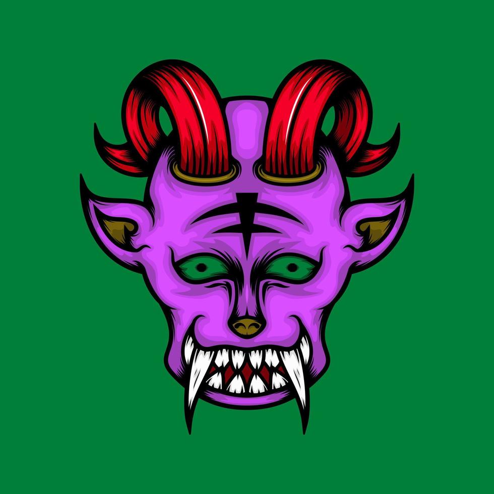 illustration d'une tête de démon violet avec des cornes rouges, des yeux verts et des crocs blancs. adapté à la conception de mascotte, de logo ou de t-shirt vecteur