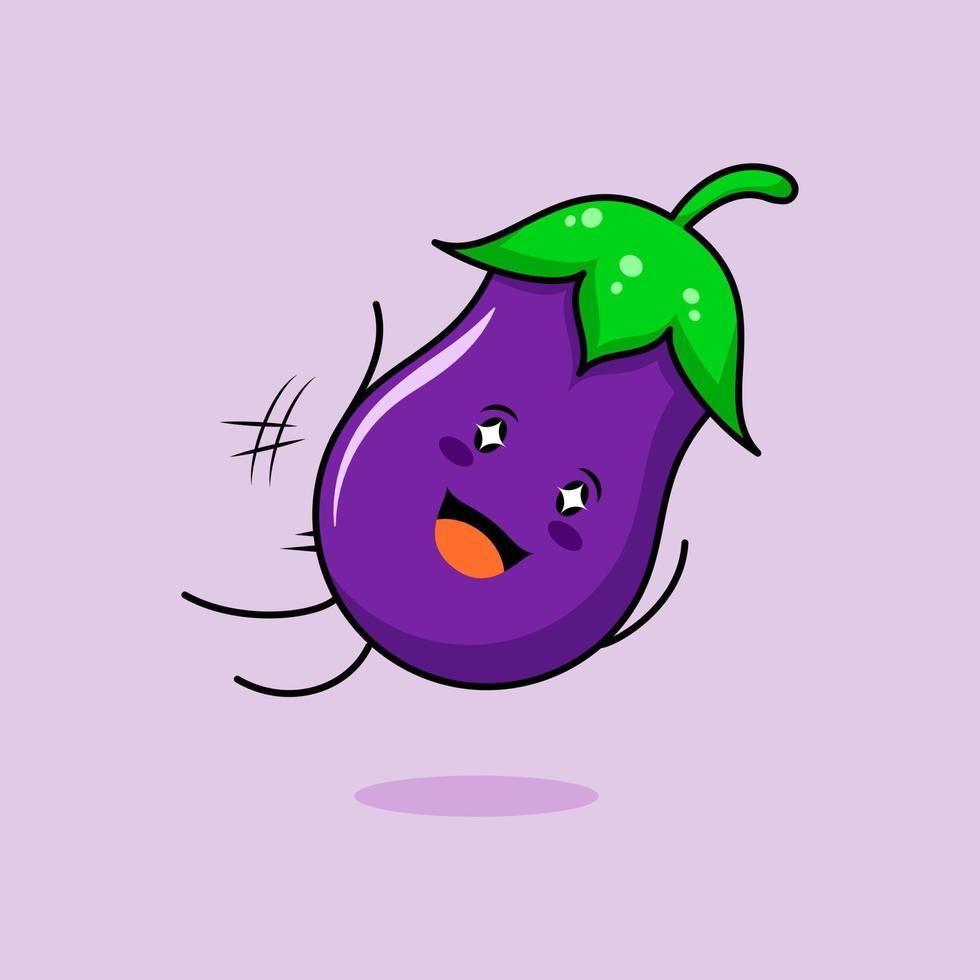 mignon personnage d'aubergine avec sourire et expression heureuse, saut à la mouche, bouche ouverte et yeux pétillants. vert et violet. adapté à l'émoticône, au logo, à la mascotte et à l'icône vecteur