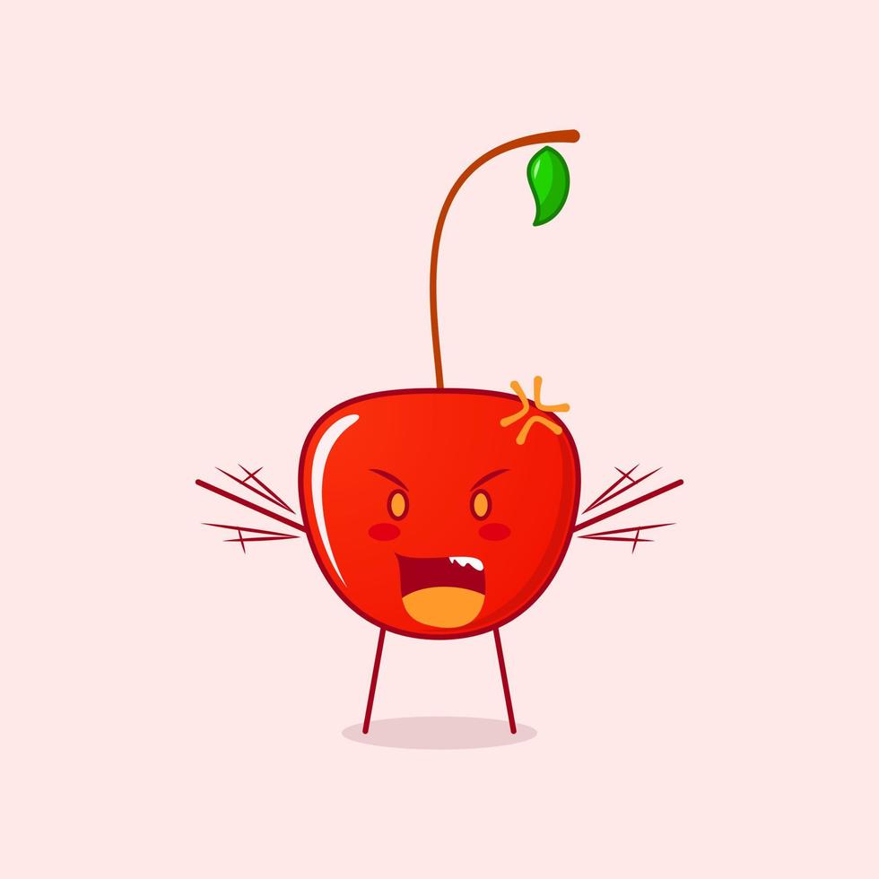 personnage de dessin animé mignon cerise avec une expression de colère. bouche ouverte et mains tremblantes. rouge et vert. adapté aux logos, icônes, symboles ou mascottes vecteur