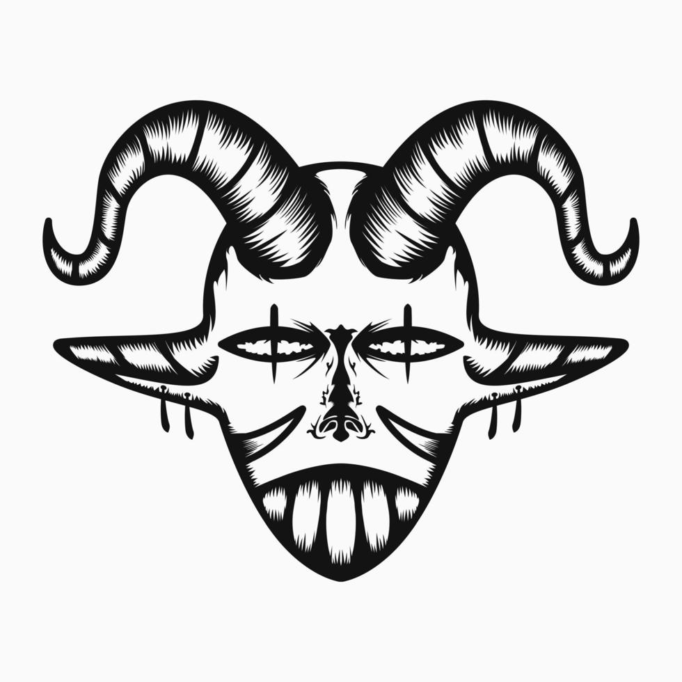 illustration de tête de diable effrayant avec des cornes, des crocs et un style d'art en ligne. noir et blanc. adapté au logo, à la mascotte, au symbole, à la coloration et à la conception de t-shirts vecteur