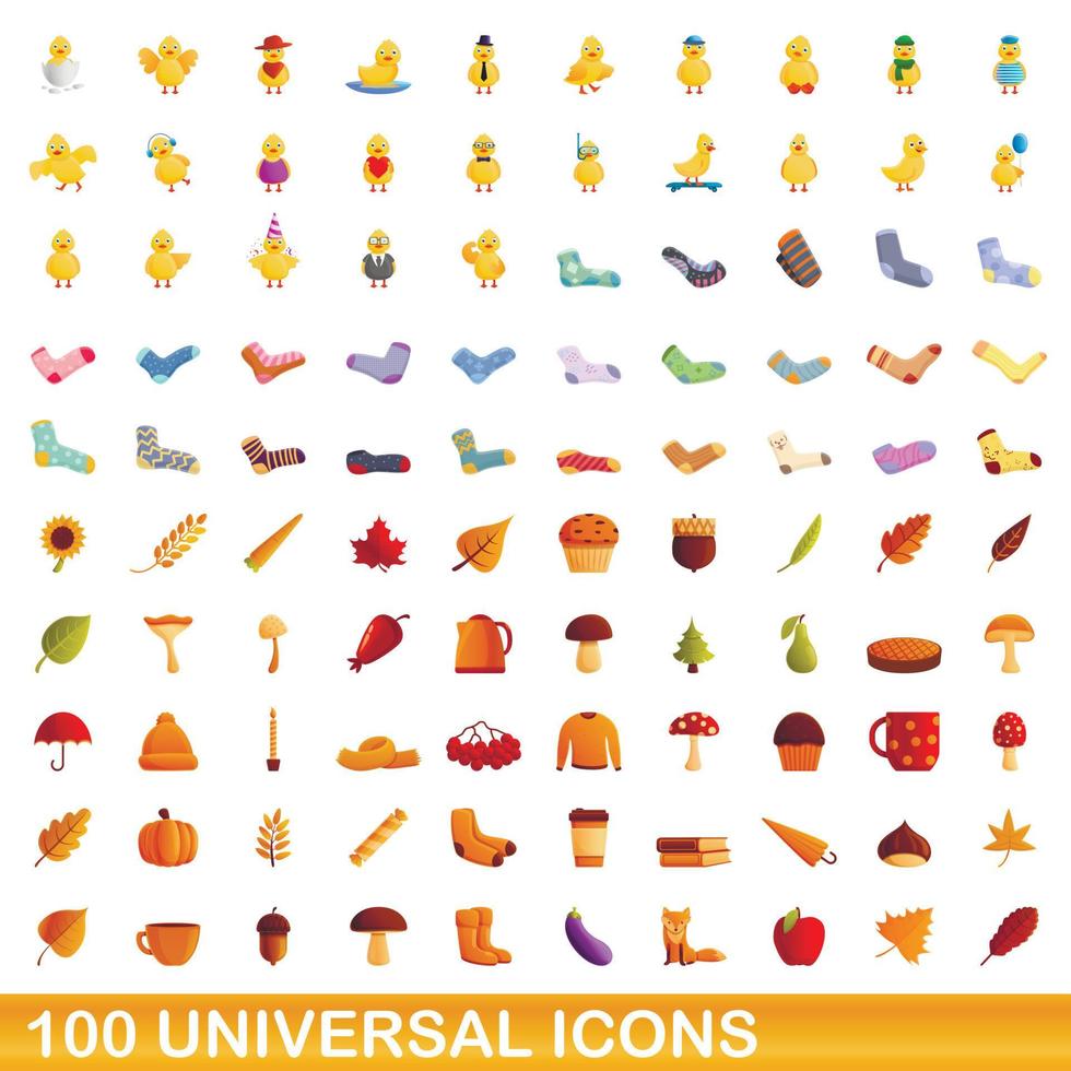 Ensemble de 100 icônes universelles, style dessin animé vecteur