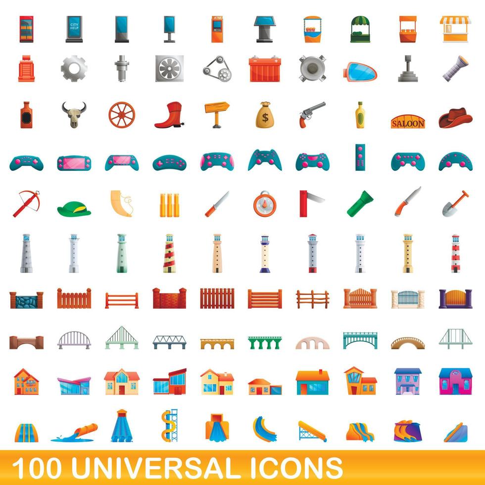 Ensemble de 100 icônes universelles, style dessin animé vecteur