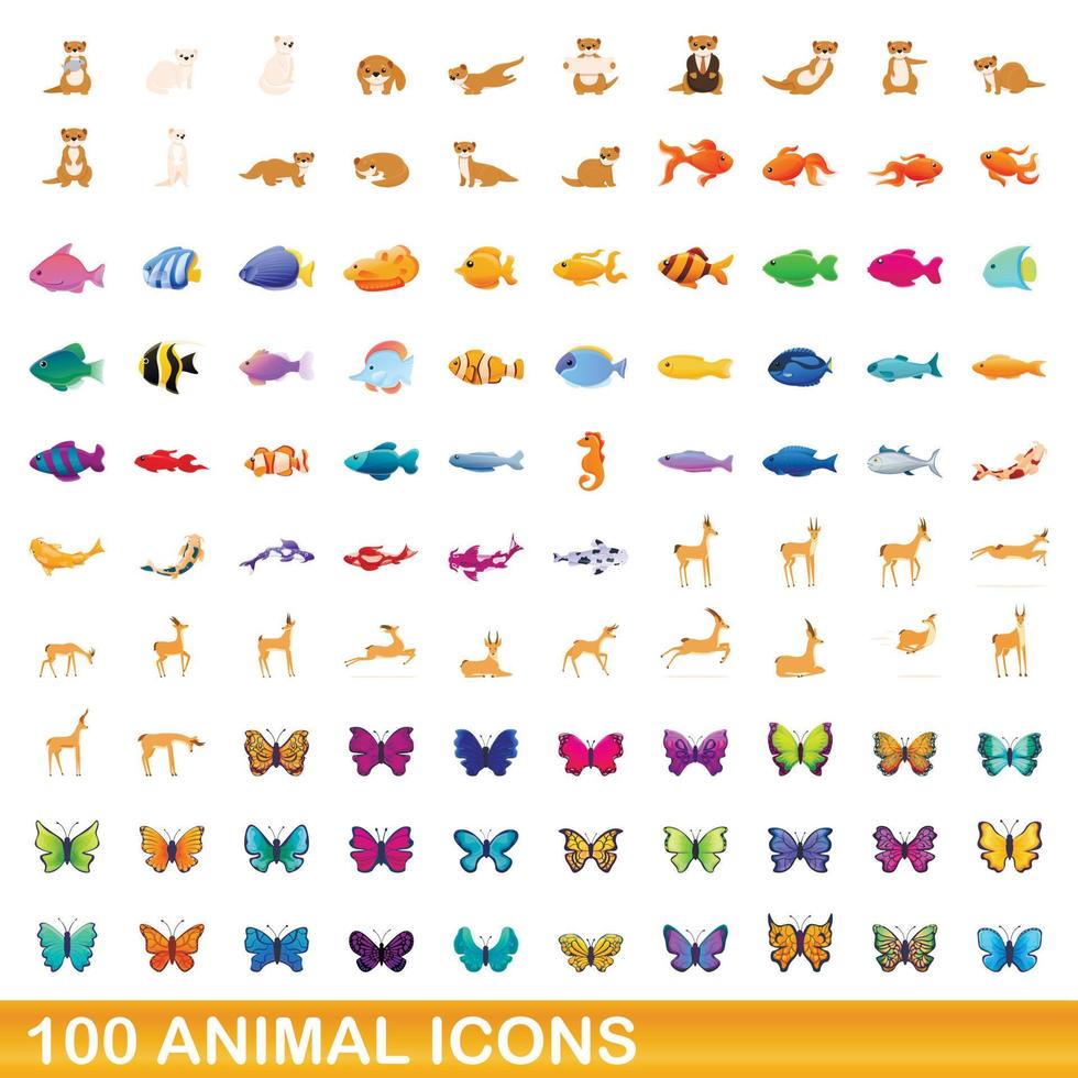 Ensemble de 100 icônes d'animaux, style dessin animé vecteur