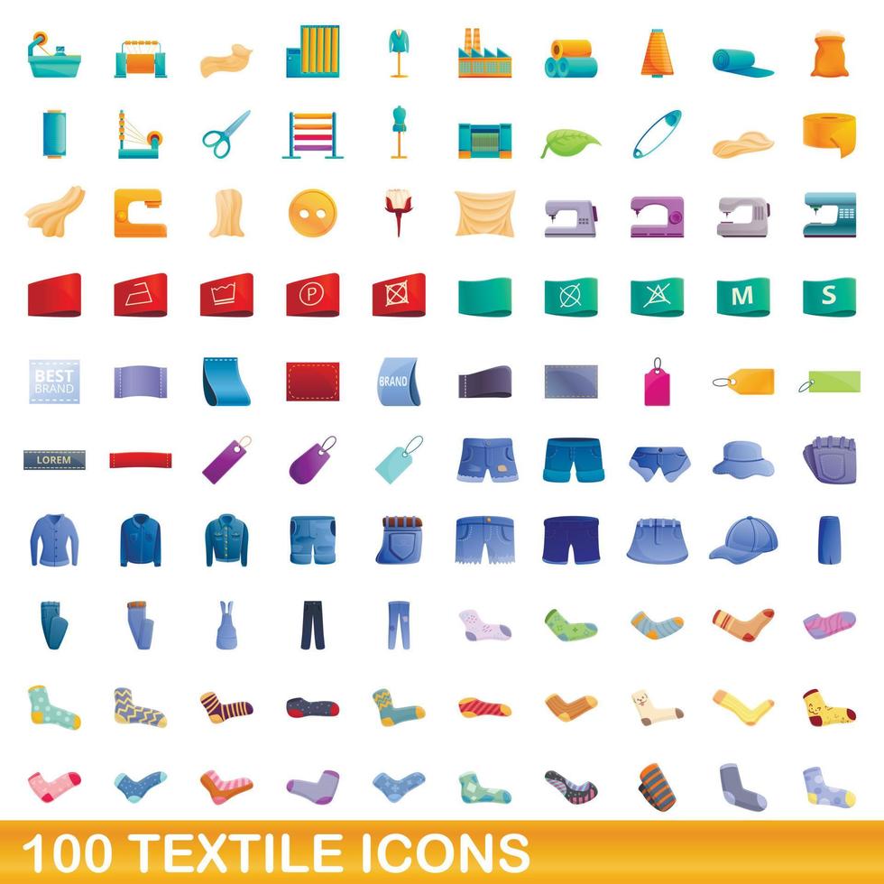 Ensemble de 100 icônes textiles, style dessin animé vecteur