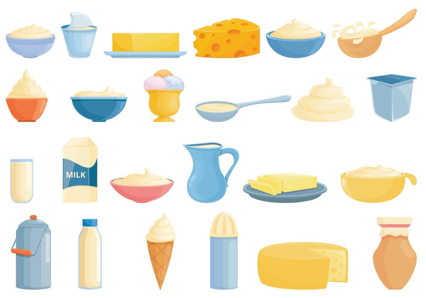 icônes de lait crème définies vecteur de dessin animé. crème liquide