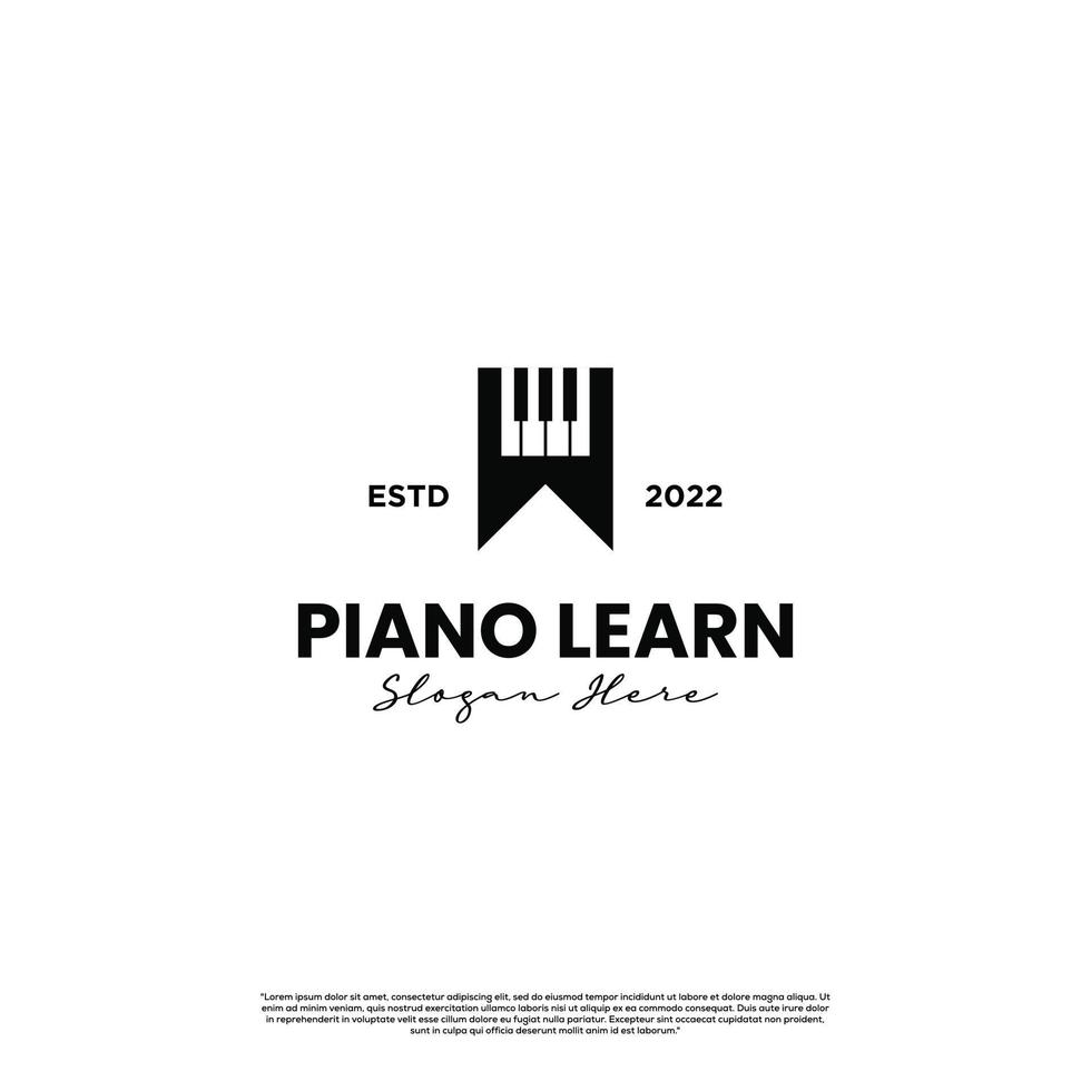 logo d'apprentissage du piano, logo d'apprentissage du piano, logo de l'école de piano, piano avec concept de logo de livre vecteur