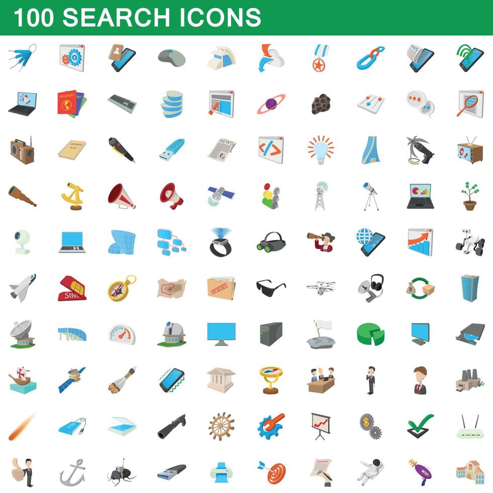 Ensemble de 100 icônes de recherche, style dessin animé vecteur