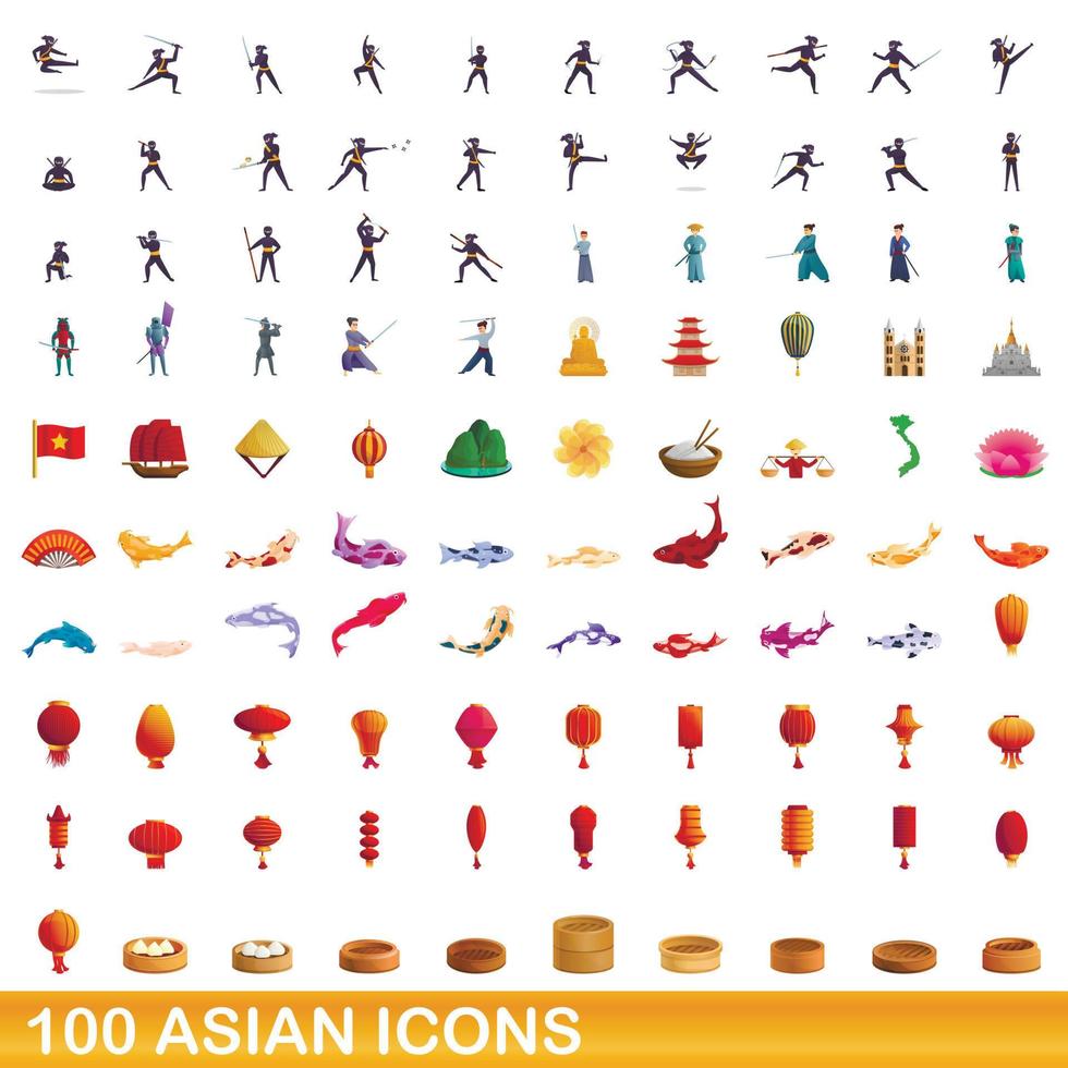 Ensemble de 100 icônes asiatiques, style cartoon vecteur