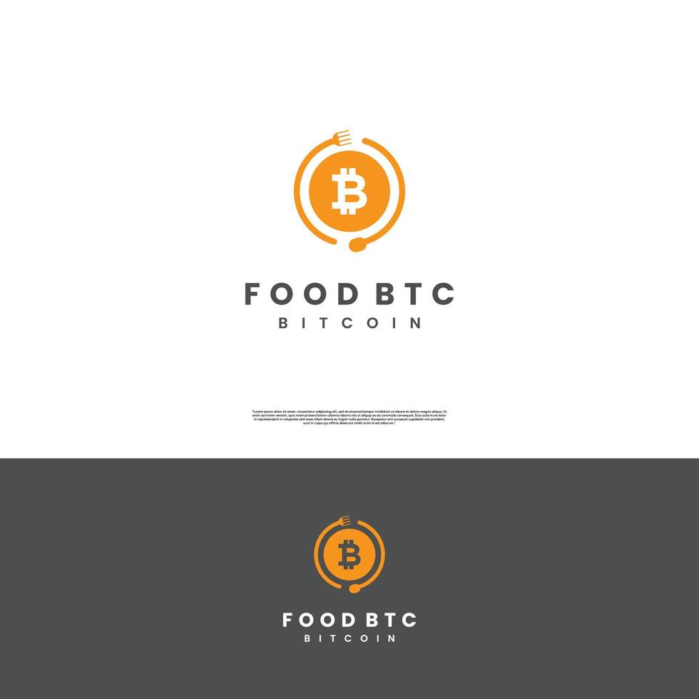 icône de conception de logo alimentaire bitcoin, bitcoin se combine avec le concept de logo cuillère et fourchette vecteur