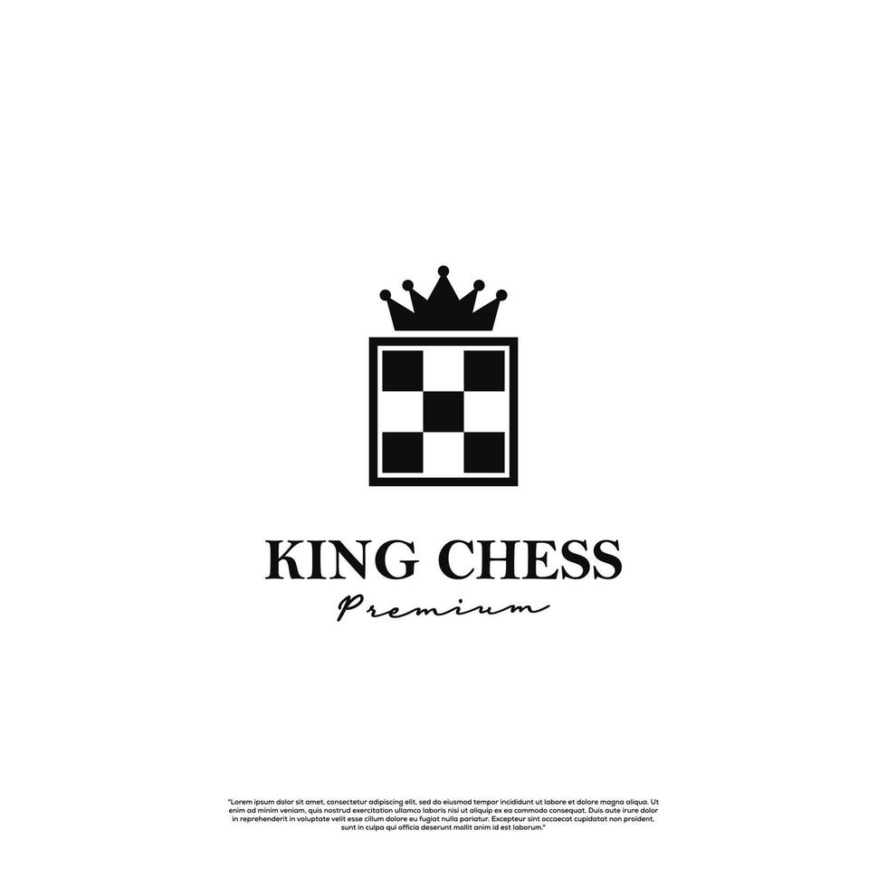 conception de logo roi d'échecs icône monochrome noir et blanc, échiquier avec concept de logo couronne vecteur