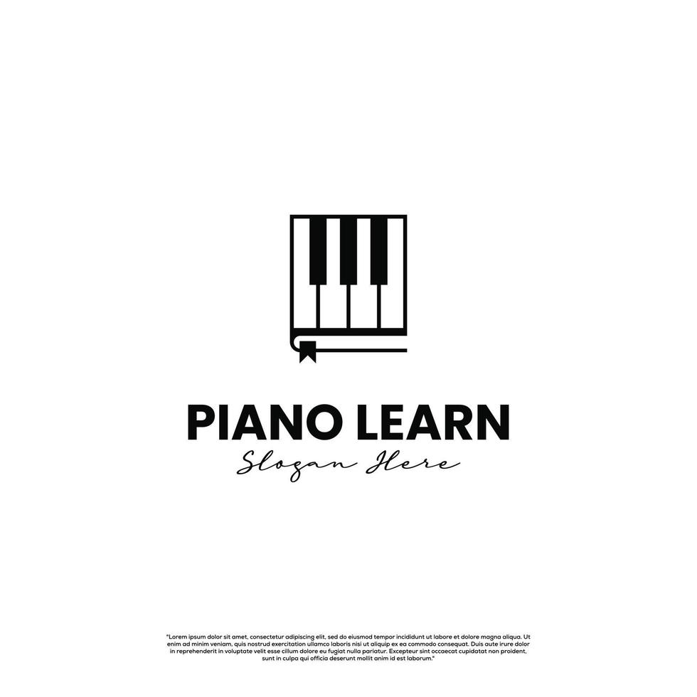 logo d'apprentissage du piano, logo d'apprentissage du piano, logo de l'école de piano, piano avec concept de logo de livre vecteur