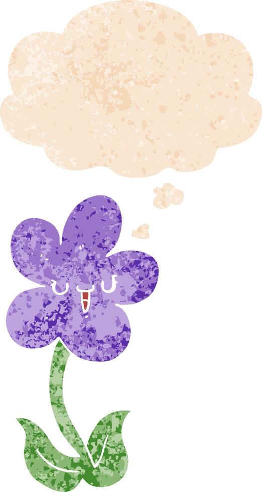 fleur de dessin animé avec visage heureux et bulle de pensée dans un style texturé rétro vecteur