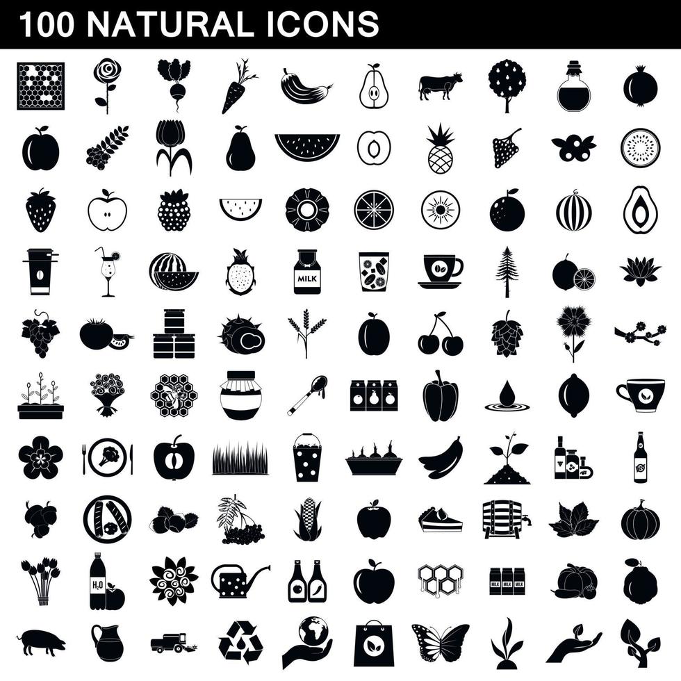 Ensemble de 100 icônes naturelles, style simple vecteur