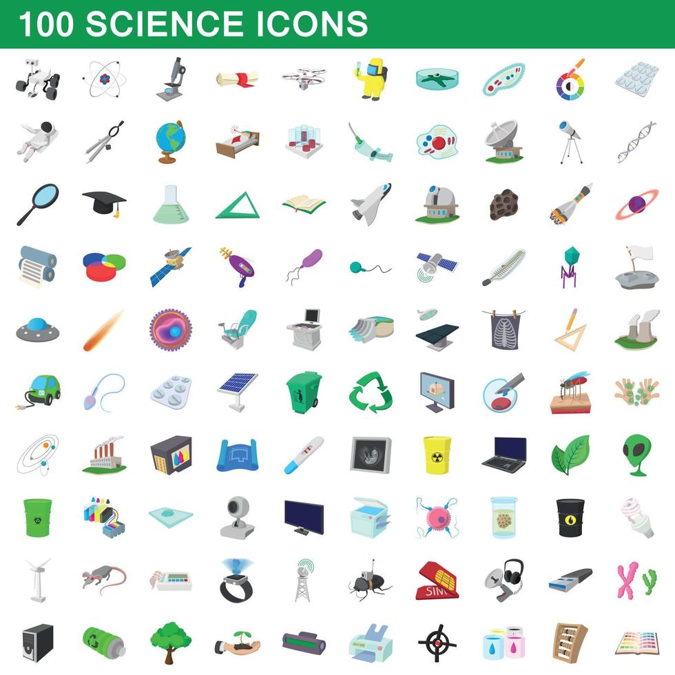 Ensemble de 100 icônes scientifiques, style dessin animé vecteur