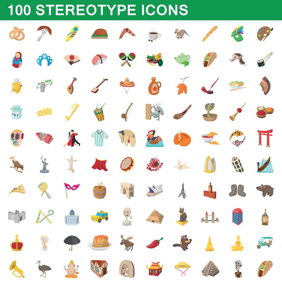 Ensemble de 100 icônes stéréotypées, style dessin animé vecteur