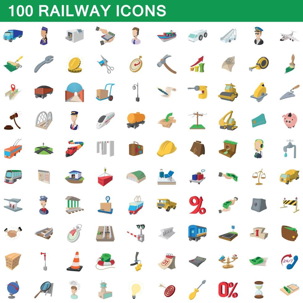 Ensemble de 100 icônes ferroviaires, style cartoon vecteur