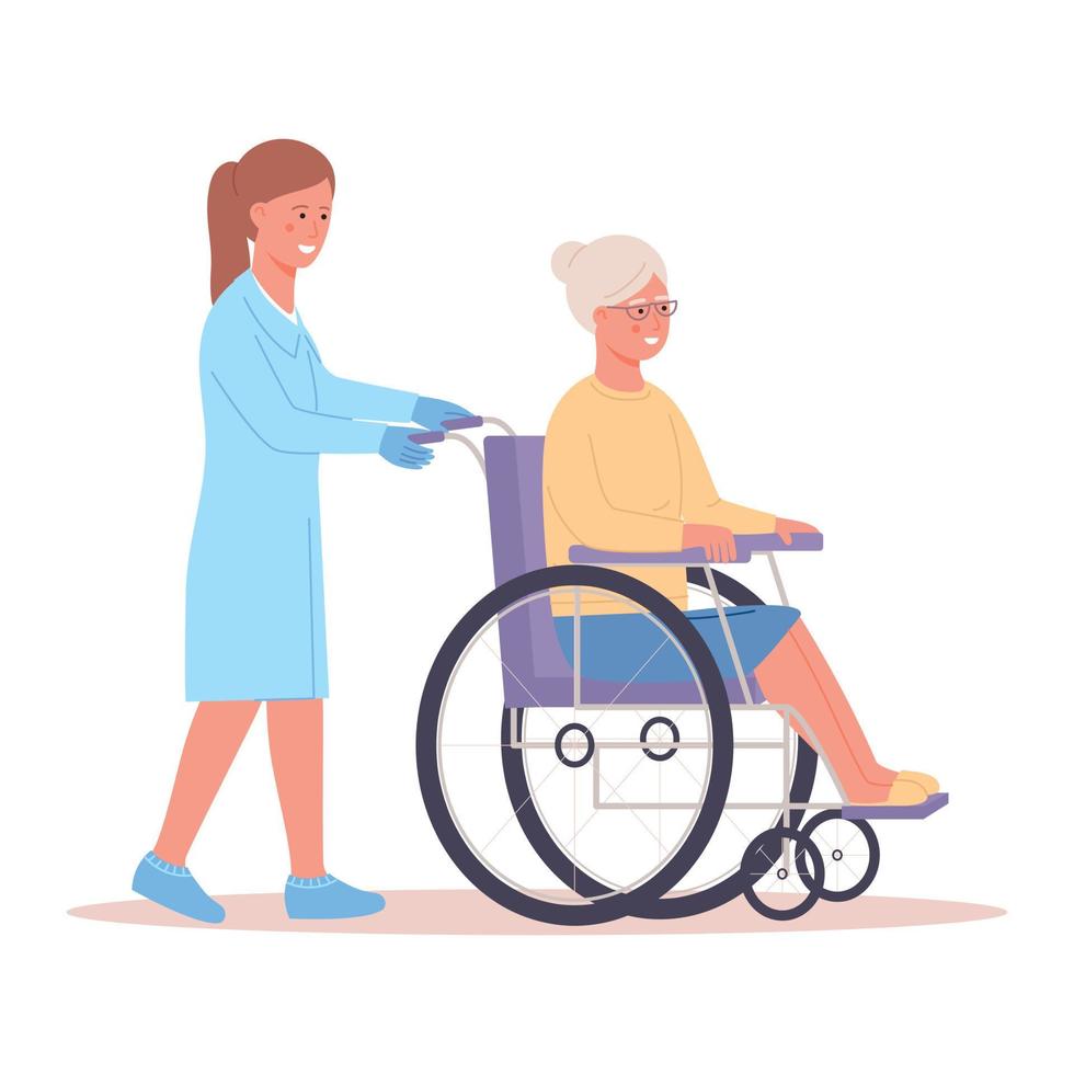 accompagnement des personnes âgées. illustration vectorielle d'une femme âgée en fauteuil roulant et d'une infirmière l'aidant. vecteur