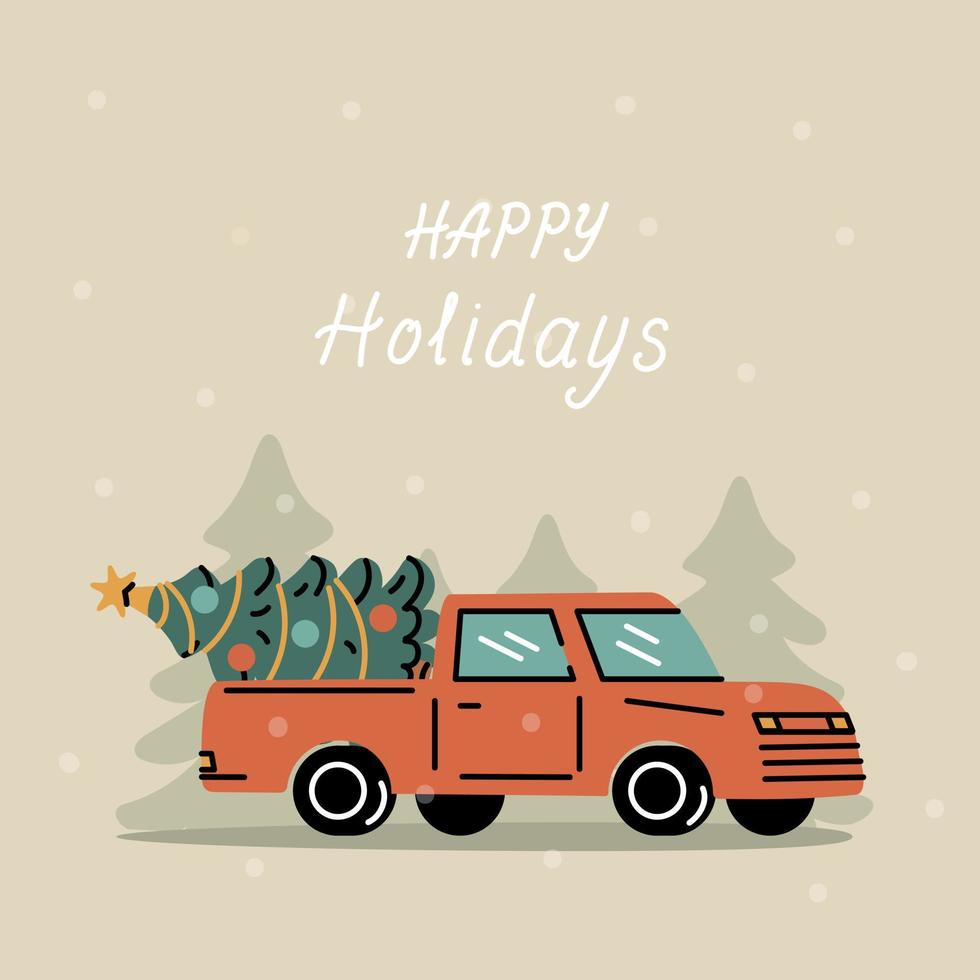 modèle de carte postale joyeux noël avec camionnette rétro avec sapin de noël. vecteur