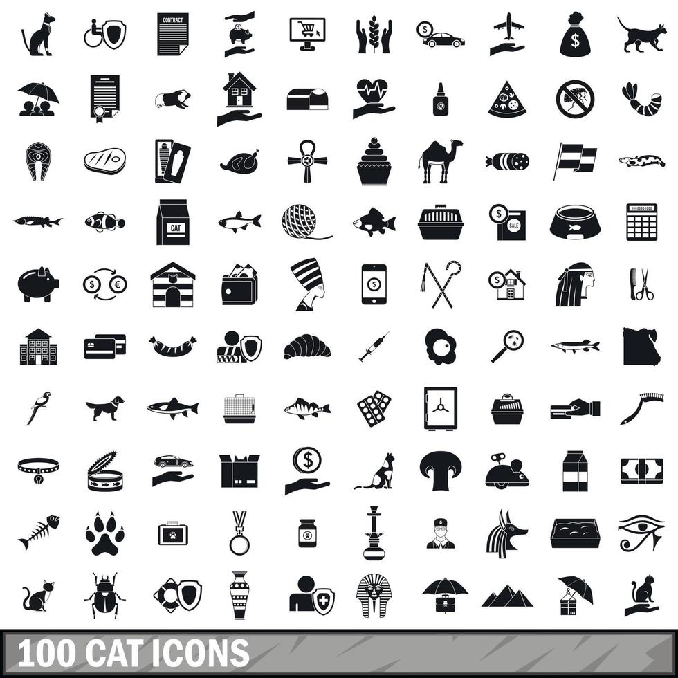 Ensemble de 100 icônes de chat, style simple vecteur
