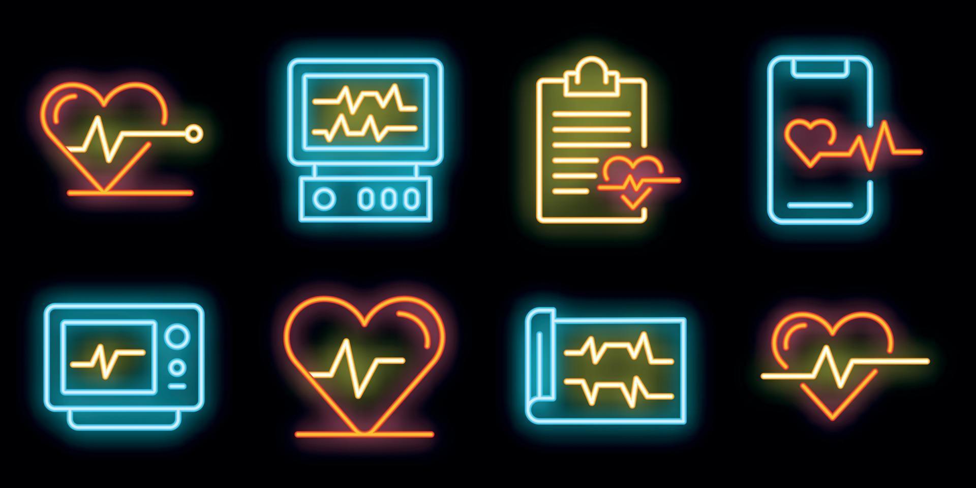 icônes d'électrocardiogramme définies vecteur néon