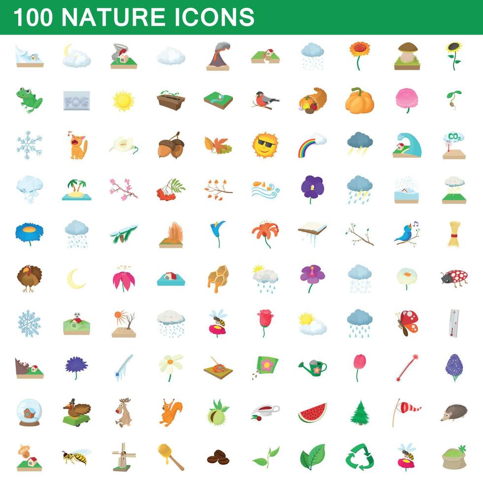 Ensemble de 100 icônes nature, style dessin animé vecteur