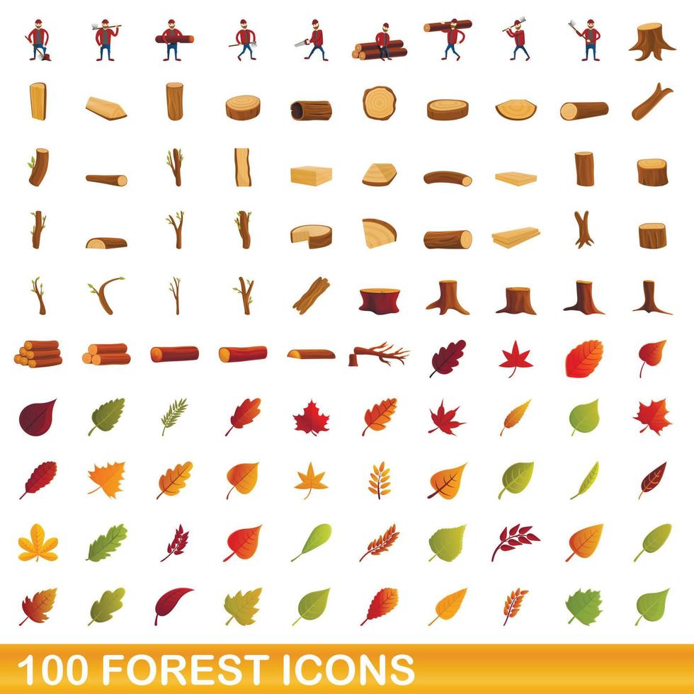 Ensemble de 100 icônes de forêt, style cartoon vecteur