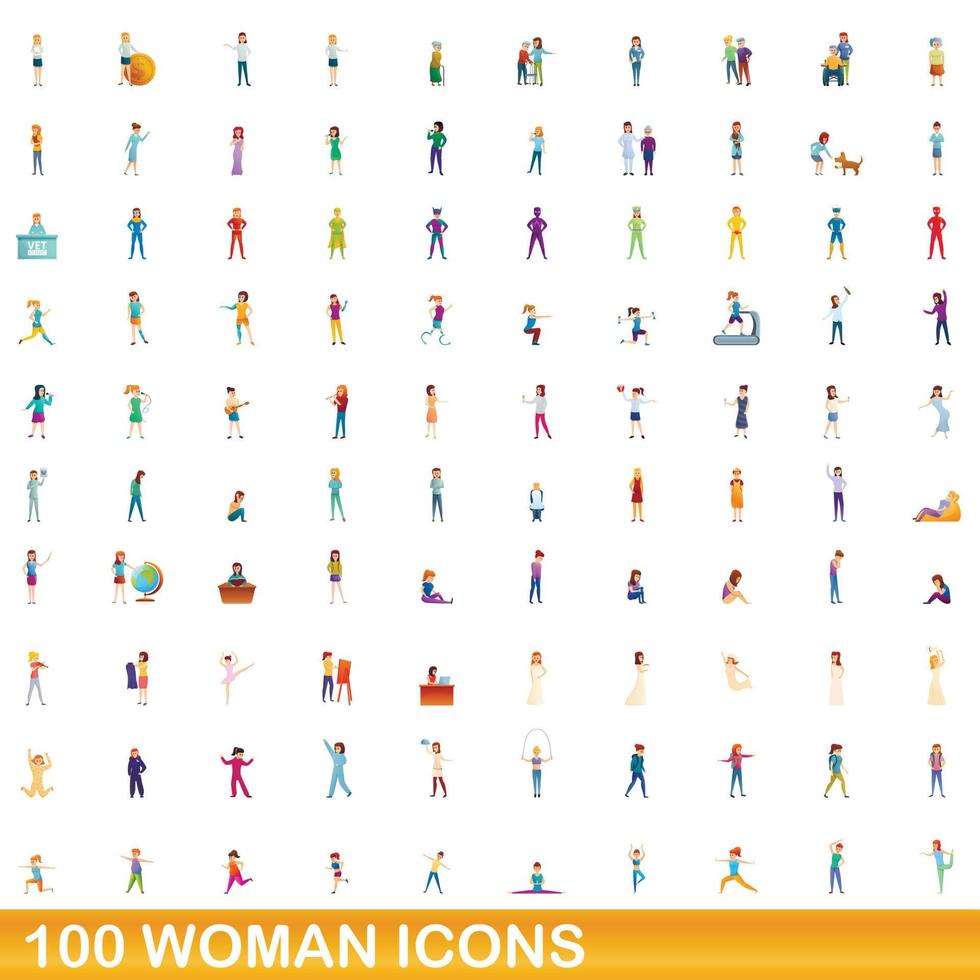 Ensemble de 100 icônes de femme, style cartoon vecteur