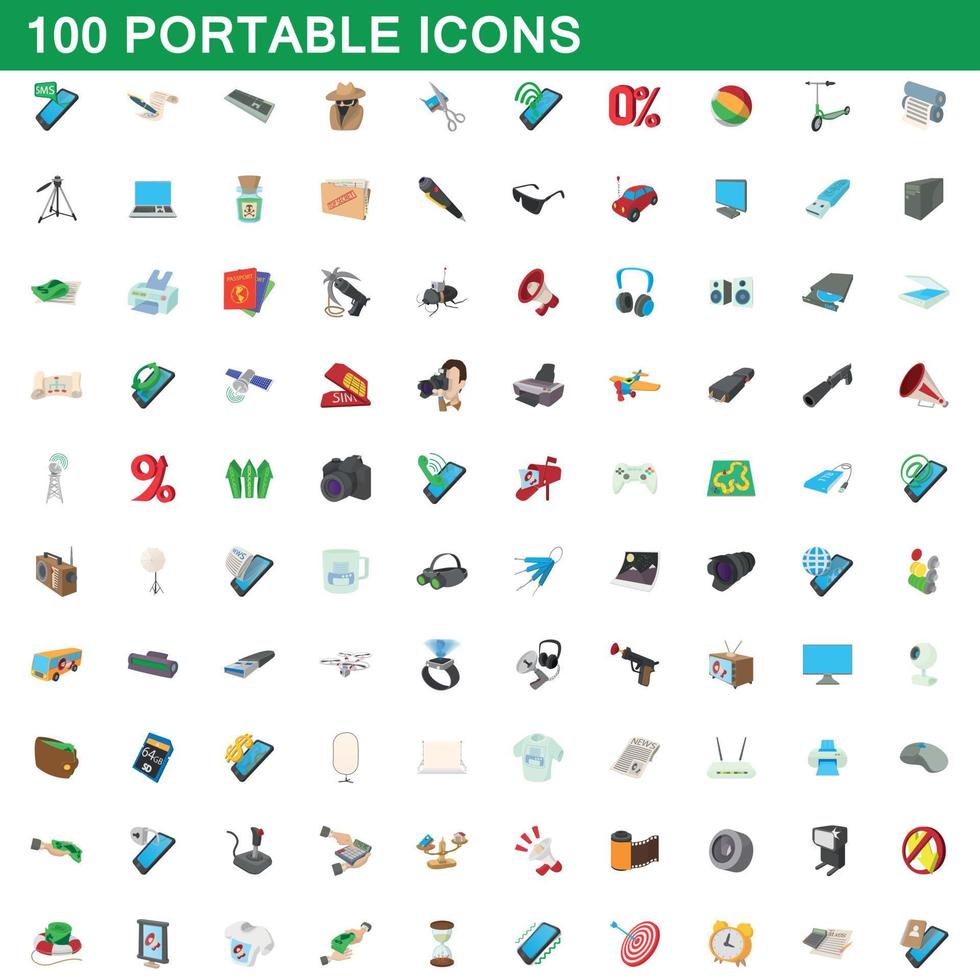 Ensemble de 100 icônes portables, style dessin animé vecteur