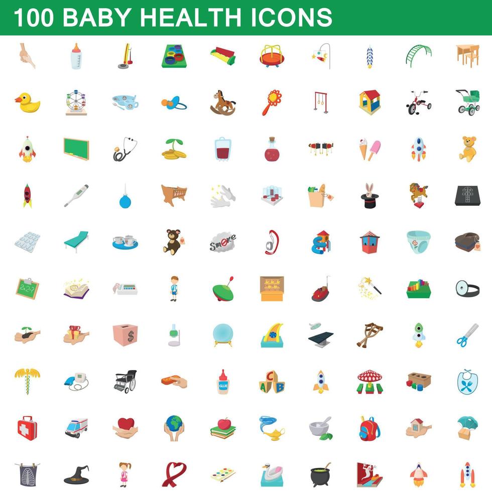 Ensemble de 100 icônes de santé de bébé, style cartoon vecteur