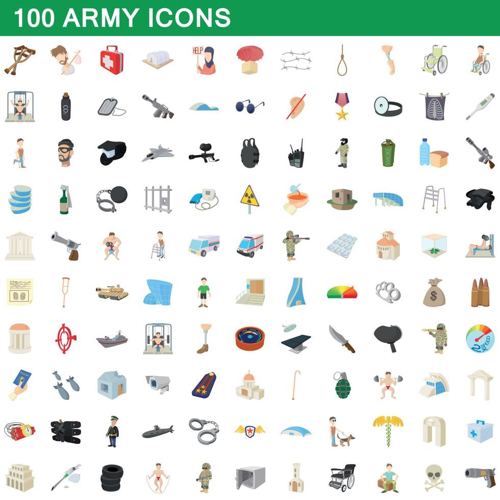 Ensemble de 100 icônes de l'armée, style cartoon vecteur