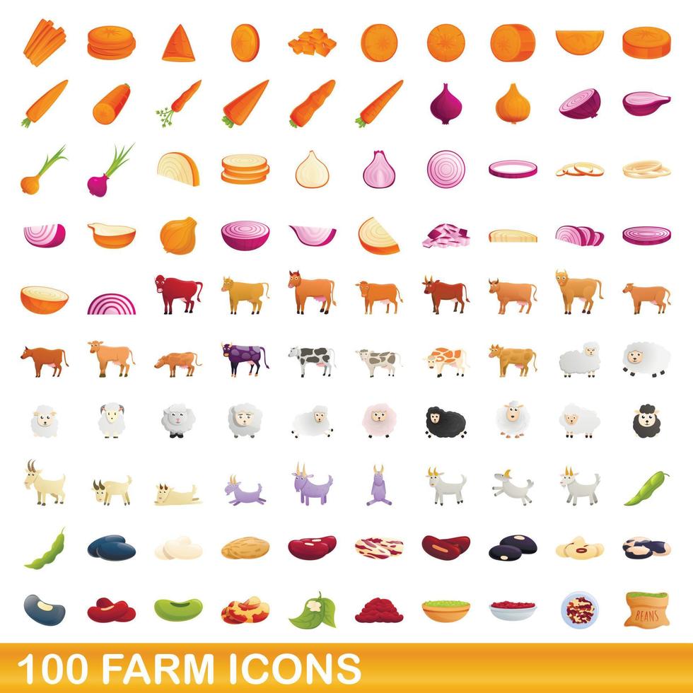 Ensemble de 100 icônes de ferme, style dessin animé vecteur