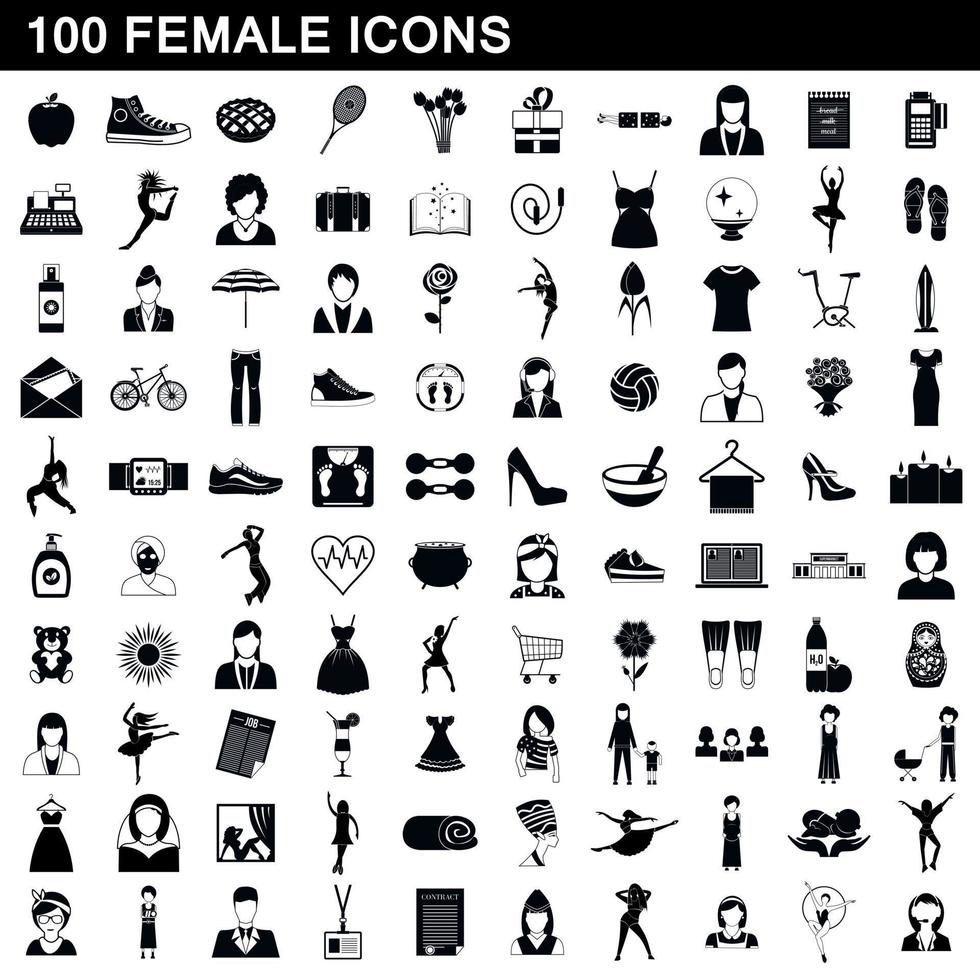 Ensemble de 100 icônes féminines, style simple vecteur