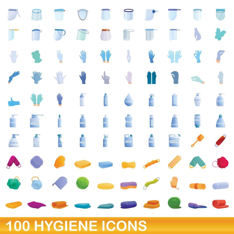 Ensemble de 100 icônes d'hygiène, style cartoon vecteur