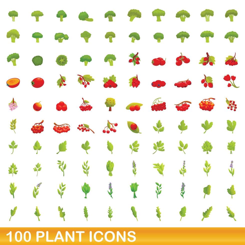 Ensemble de 100 icônes de plantes, style dessin animé vecteur
