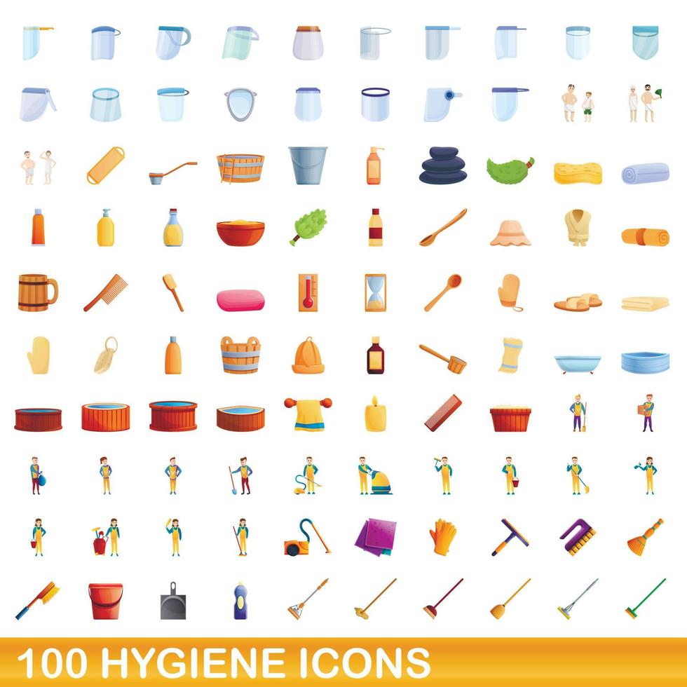 Ensemble de 100 icônes d'hygiène, style cartoon vecteur