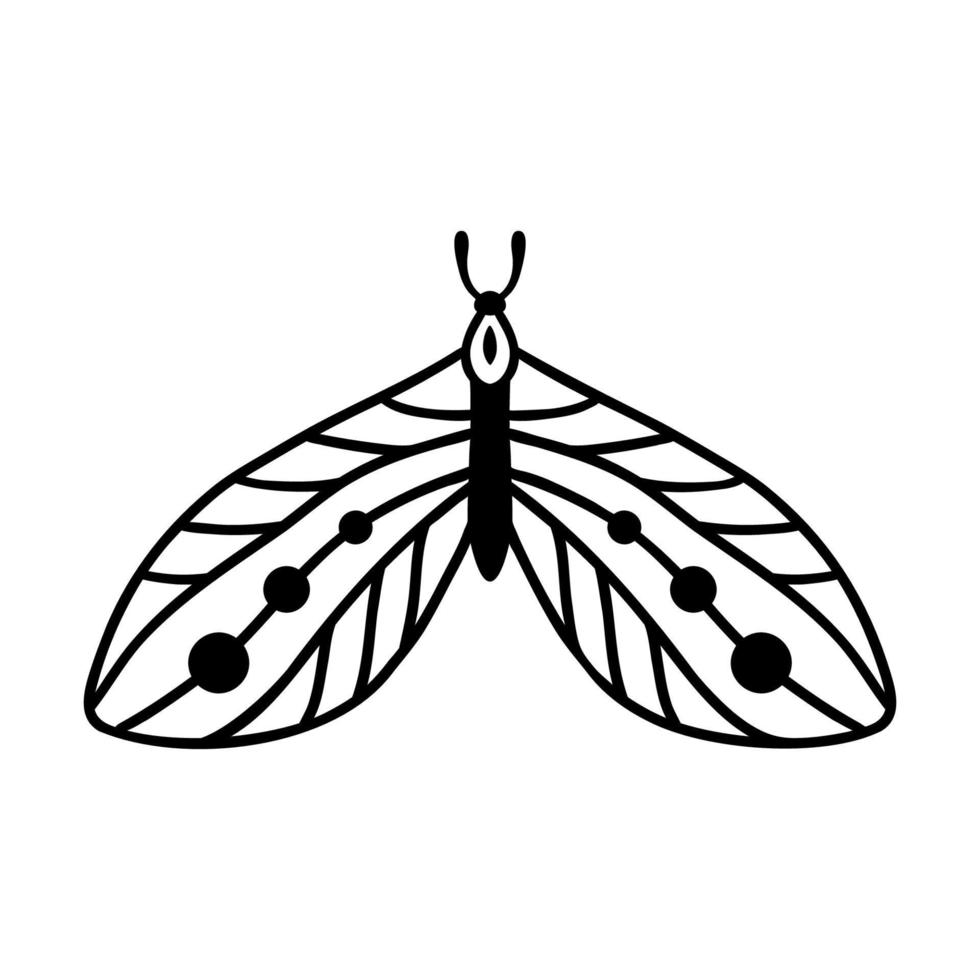 papillon de nuit avec croissant de lune isolé sur fond blanc. vecteur de papillon céleste doodle dessiné à la main.