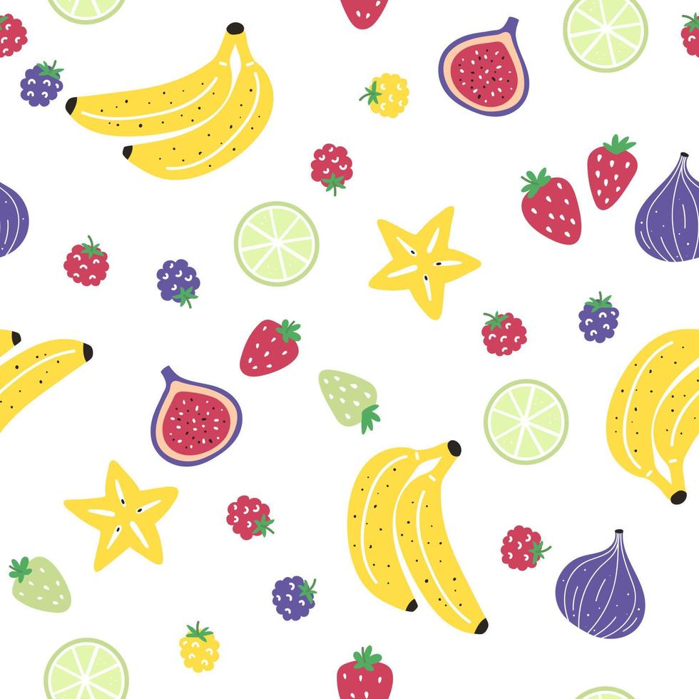 modèle sans couture avec différents fruits comme la banane, la figue, la carambole, le citron vert et les baies. conception d'été pour tissu, textile de maison, tissu pour enfants, papier d'emballage vecteur