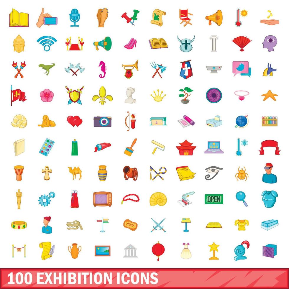 Ensemble de 100 icônes d'exposition, style dessin animé vecteur