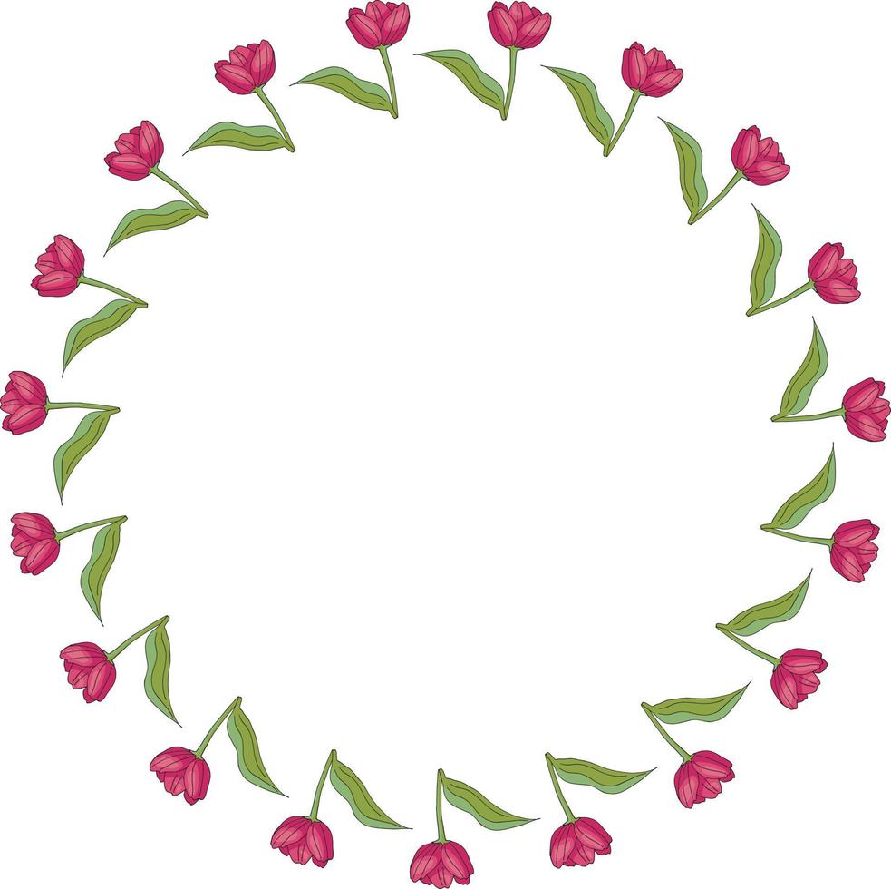 cadre rond avec tulipes roses en fleurs verticales sur fond blanc. cadre isolé de fleurs pour votre conception. vecteur