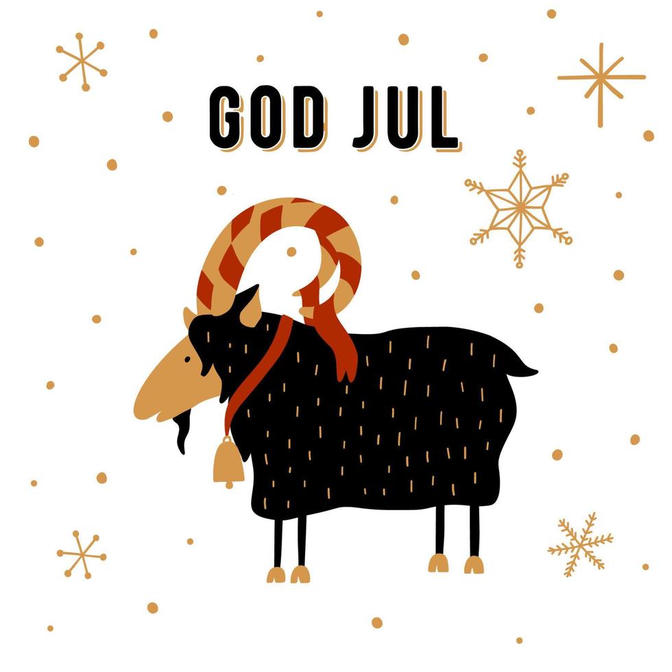 tradition de noël scandinave. illustration de chèvre de noël avec texte danois dieu jul, joyeux noël en anglais. conception de cartes vectorielles. vecteur