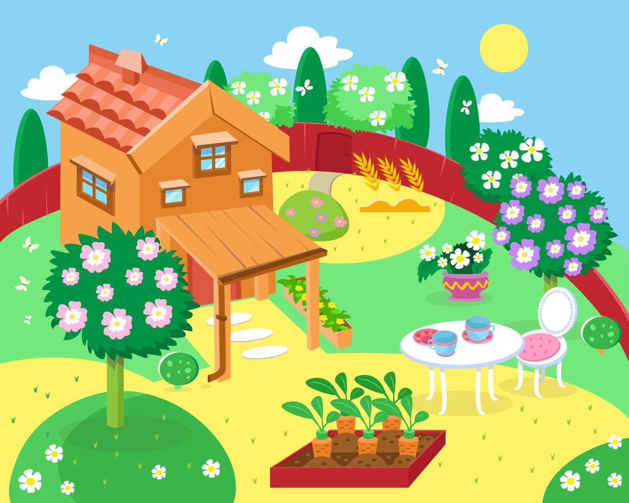 chalet en bois à deux étages avec jardin, cour et fleurs en style dessin animé. fond avec des arbres d'été pour la conception. illustration de couleur vectorielle. vecteur