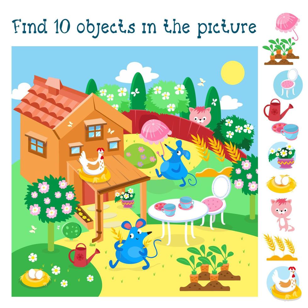 trouver 10 objets cachés. jeu éducatif pour les enfants. souris mignonnes près de la maison dans le jardin d'été. style bande dessinée. illustration de couleur vectorielle. vecteur